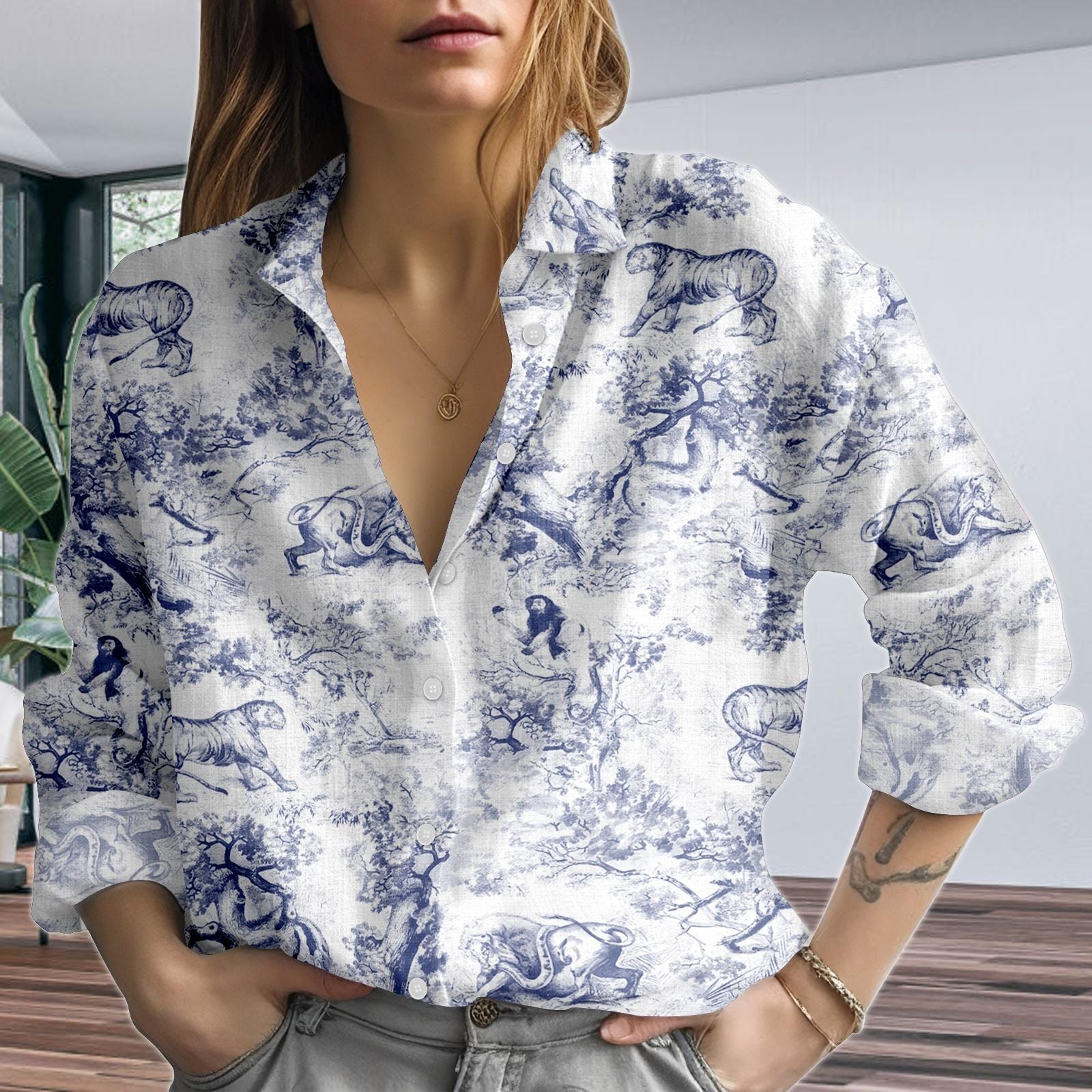 Discover Safari Animal Blouse Shirt Women, Vintage Toile Wildlife Blouse Shirt, Vintage Blouse Women Shirt