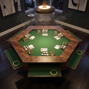 May include: A luxurious, octagonal poker table with a green felt playing surface and a rich, dark wood frame. The table is set with playing cards, poker chips, and glasses of whiskey, creating an inviting atmosphere for a game night.