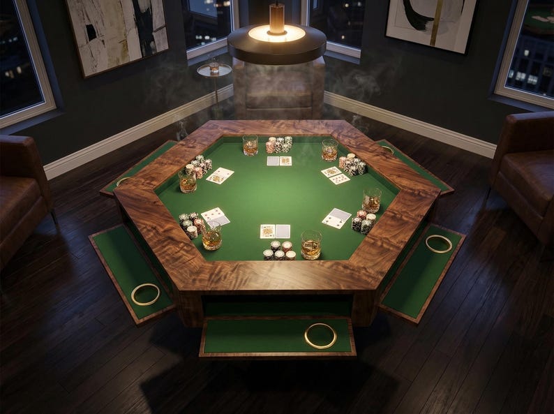 May include: A luxurious, octagonal poker table with a green felt playing surface and a rich, dark wood frame. The table is set with playing cards, poker chips, and glasses of whiskey, creating an inviting atmosphere for a game night.