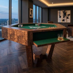 May include: A custom-made, octagonal poker table with a rich, dark wood finish. The table features a green felt playing surface and a built-in drink shelf. Stacks of poker chips and playing cards are visible on the table.