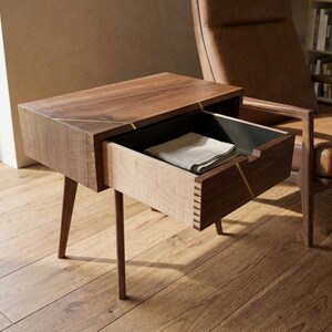 Walnut End Table with Brass Inlay Drawer | Waterfall Grain, Push-to-Open Mechanism image 9