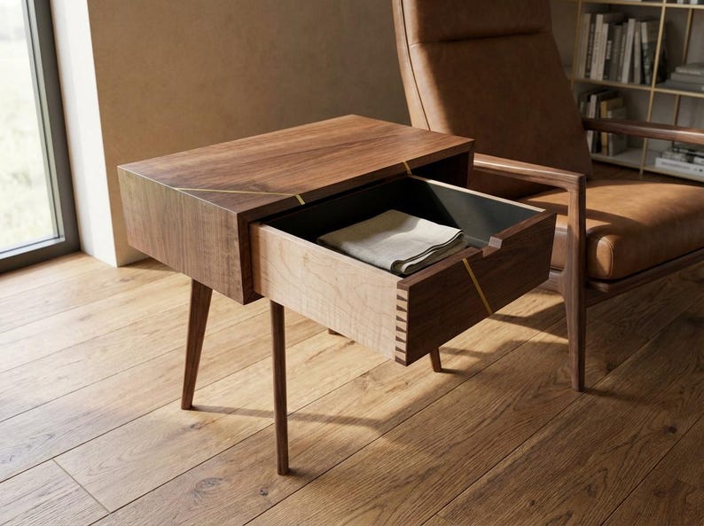 Walnut End Table with Brass Inlay Drawer | Waterfall Grain, Push-to-Open Mechanism image 9
