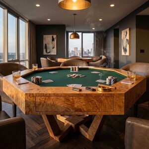 May include: A luxurious, octagonal poker table with a green felt surface and a light wood finish. The table is surrounded by leather chairs and has a cityscape view through large windows. Poker chips, cards, and a cigar are visible.