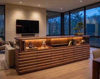 Luxury Walnut Media Console with Bronze Smoked Glass, LED Lighting & Soft-Close Doors