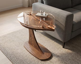 Leaf Shaped Walnut End Table with Copper Inlay | Sculptural Modern Accent Table
