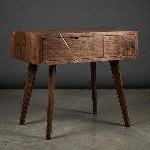 Walnut End Table with Brass Inlay Drawer | Waterfall Grain, Push-to-Open Mechanism image 8