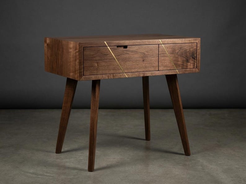 Walnut End Table with Brass Inlay Drawer | Waterfall Grain, Push-to-Open Mechanism image 8