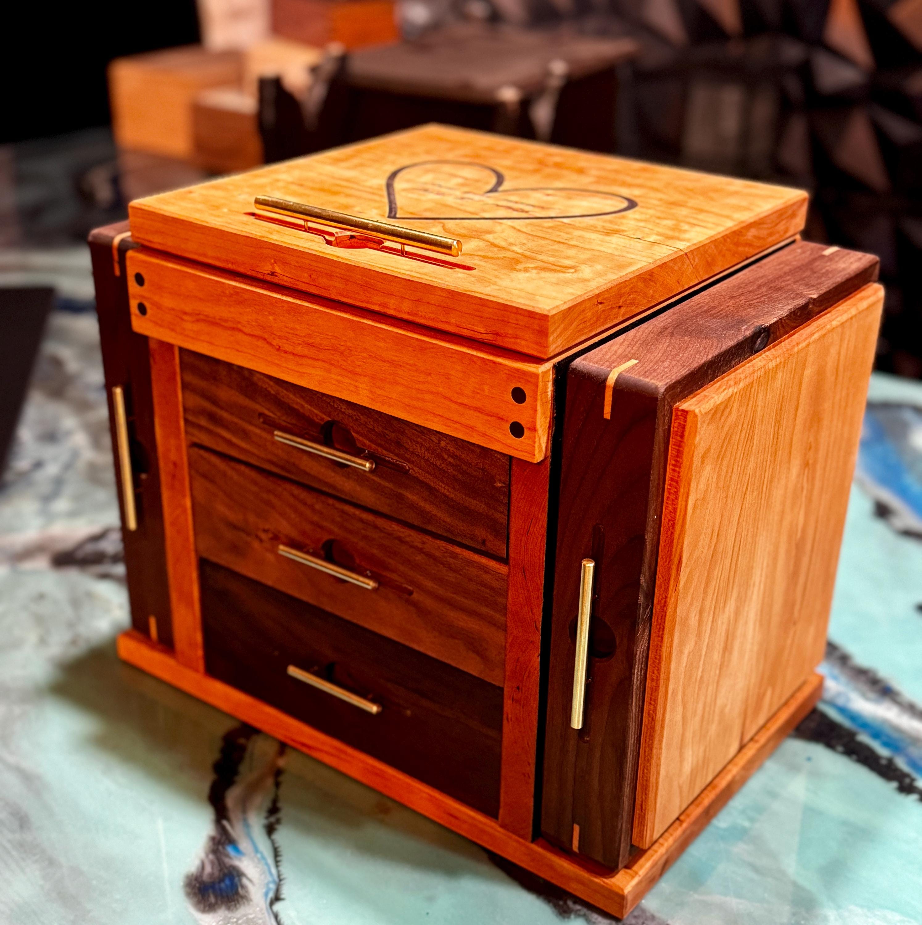 Handcrafted Walnut & Cherry Jewelry Box: Dovetail Drawers, Brass ...