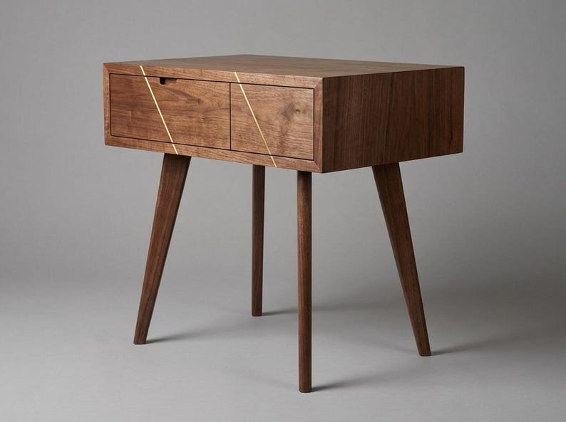 May include: A mid-century modern style nightstand with two drawers. The nightstand is made of dark brown wood with gold accent lines and has four angled legs. The nightstand measures approximately 24 inches wide, 16 inches deep, and 24 inches high.