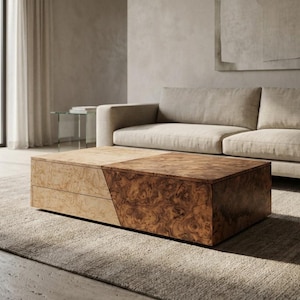 May include: A rectangular coffee table with a two-tone wood grain design. The table is a light tan color on one side and a darker brown on the other. The table is placed on a neutral-colored rug in front of a beige sofa.