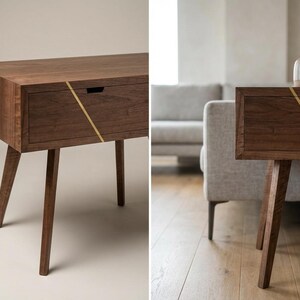 Walnut End Table with Brass Inlay Drawer | Waterfall Grain, Push-to-Open Mechanism image 3