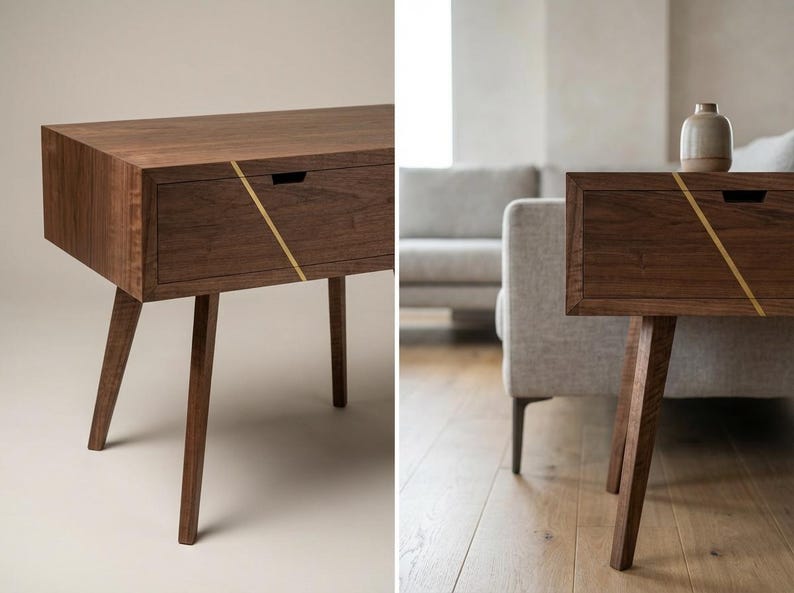Walnut End Table with Brass Inlay Drawer | Waterfall Grain, Push-to-Open Mechanism image 3