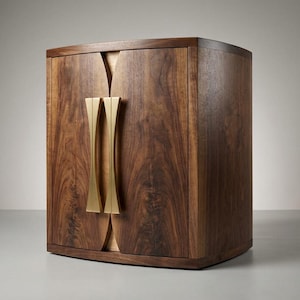 May include: A wooden cabinet with a curved front and two doors. The cabinet is made of dark brown wood with a visible grain pattern. It features two vertical, gold-colored handles.