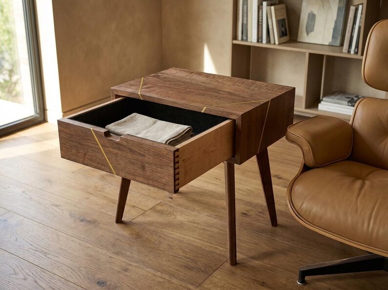 May include: A dark wood nightstand with four tapered legs and a single pull-out drawer. The drawer front features a light-colored wood side with visible dovetail joinery and thin gold-toned inlay lines across the top and front surface.