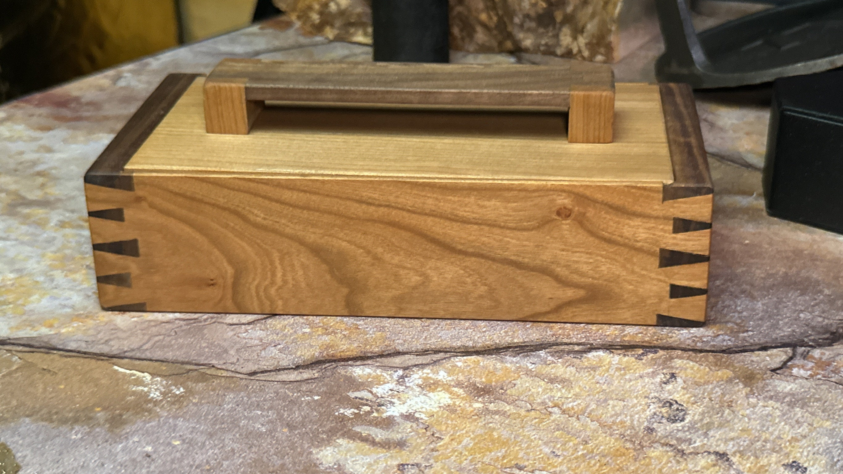 Solid wood keepsake heirloom box made from walnut and cherry with houndstooth dovetails