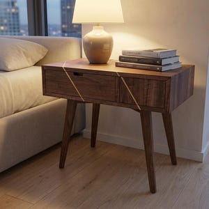 Walnut End Table with Brass Inlay Drawer | Waterfall Grain, Push-to-Open Mechanism image 5