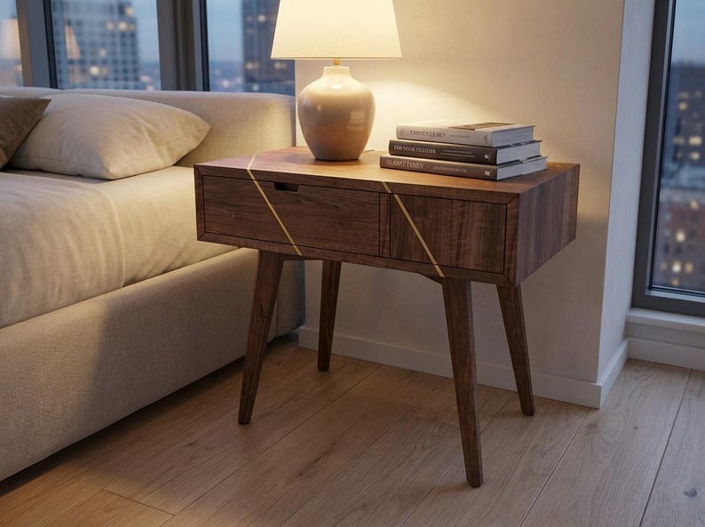 Walnut End Table with Brass Inlay Drawer | Waterfall Grain, Push-to-Open Mechanism image 5