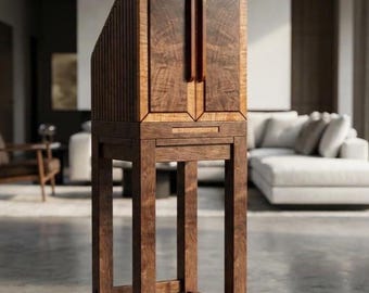 Tall Walnut Whiskey Cabinet, Walnut Burl Doors, Curly Maple Frame & LED Interior
