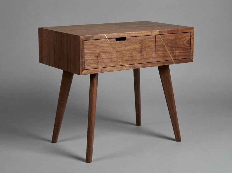 Walnut End Table with Brass Inlay Drawer | Waterfall Grain, Push-to-Open Mechanism image 16