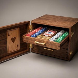 May include: A wooden poker set with an open lid revealing a drawer filled with poker chips in red, blue, and green. A deck of cards and dealer buttons are also visible. The inside of the lid features a carved Ace of Hearts.