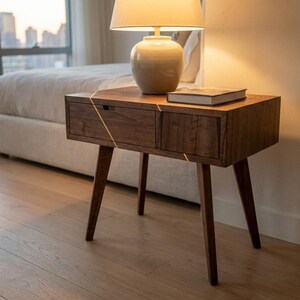 May include: A mid-century modern style nightstand with two drawers and tapered legs. The nightstand is made of dark wood with a gold accent line. A lamp with a beige shade sits on top, along with a book.