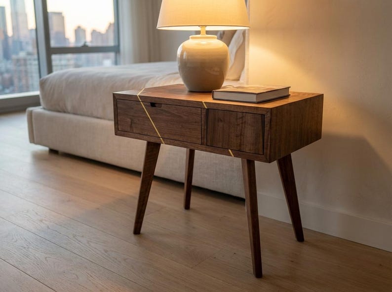 May include: A mid-century modern style nightstand with two drawers and tapered legs. The nightstand is made of dark wood with a gold accent line. A lamp with a beige shade sits on top, along with a book.