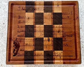 Walnut, cherry, and maple end grain cutting board with juice groove and custom recipe engraving