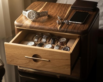 Luxury Wood Watch Case with Brass Handles, Handmade Dovetail Drawer Box for Collectors