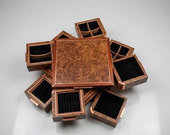 Figured Mahogany Pepperwood Rotating Jewelry Box with 8 Drawers Copper Hardware Heirloom