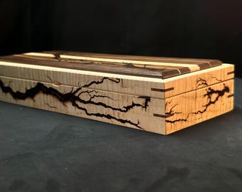 Heirloom / keepsake solid wood box maple and walnut with curved inlay and fractal burning with epoxy