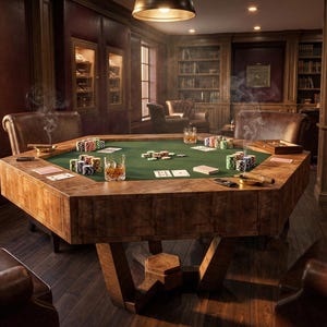 May include: A wooden poker table with a green felt surface, surrounded by leather chairs, cigars, and glasses of whiskey. Poker chips and playing cards are arranged on the table, suggesting a game in progress. The room has a classic, luxurious feel.