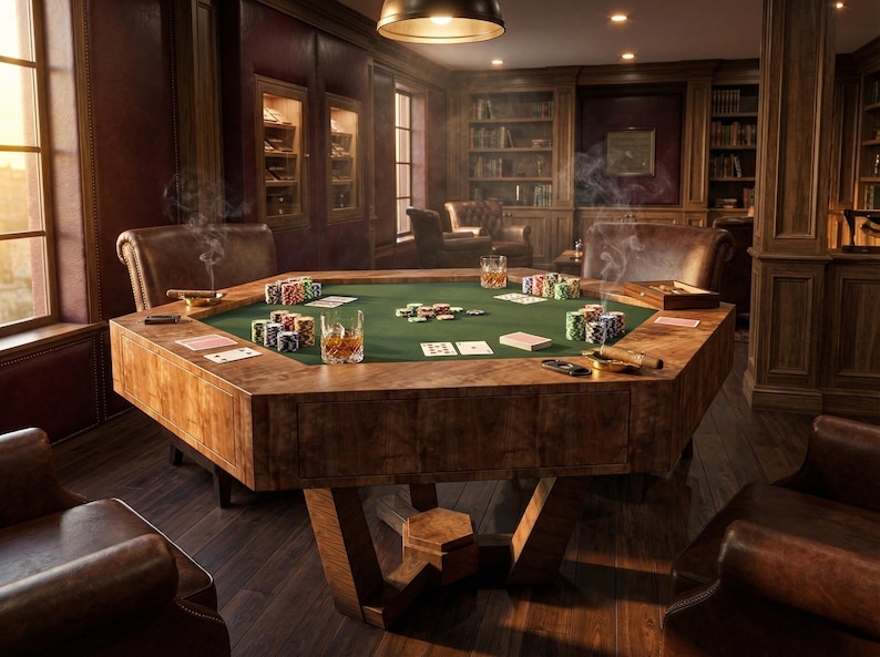 May include: A wooden poker table with a green felt surface, surrounded by leather chairs, cigars, and glasses of whiskey. Poker chips and playing cards are arranged on the table, suggesting a game in progress. The room has a classic, luxurious feel.