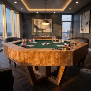 May include: A wooden poker table with a green felt surface, surrounded by chairs. The table is set with poker chips, playing cards, and glasses of whiskey. The room has large windows with a city view.