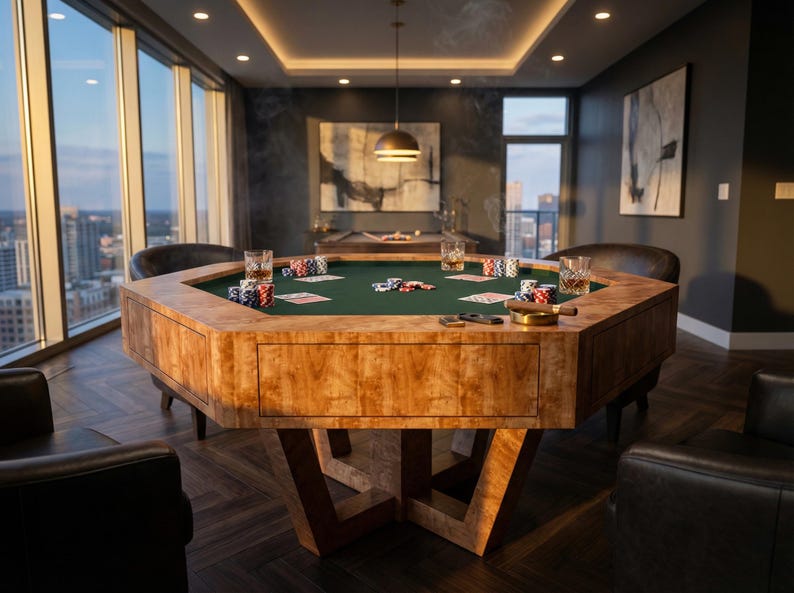May include: A wooden poker table with a green felt surface, surrounded by chairs. The table is set with poker chips, playing cards, and glasses of whiskey. The room has large windows with a city view.