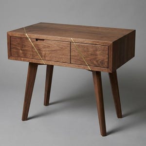 Walnut End Table with Brass Inlay Drawer | Waterfall Grain, Push-to-Open Mechanism image 13