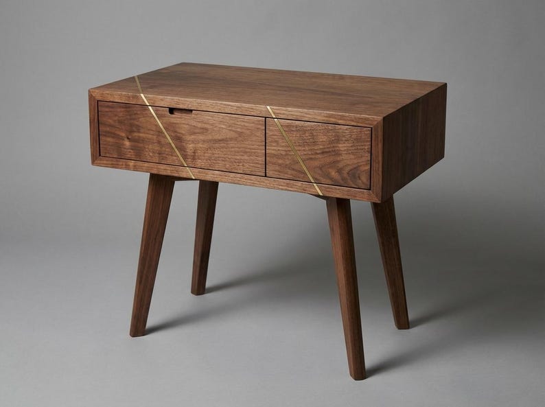 Walnut End Table with Brass Inlay Drawer | Waterfall Grain, Push-to-Open Mechanism image 13