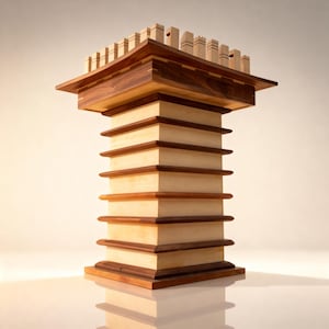 Puede incluir: Una escultura de madera artesanal con un diseño en forma de torre. La escultura presenta un cuerpo claro y estratificado con detalles en marrón oscuro y una parte superior decorativa con pequeños elementos de madera verticales. La pieza está hecha de varios tonos de madera y tiene un acabado pulido.