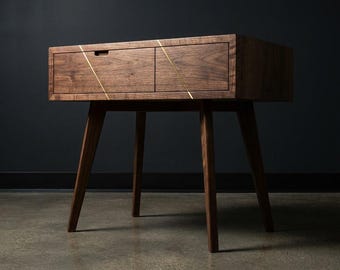 Walnut End Table with Brass Inlay Drawer | Waterfall Grain, Push-to-Open Mechanism
