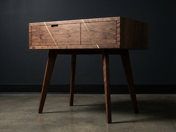 Walnut End Table with Brass Inlay Drawer | Waterfall Grain, Push-to-Open Mechanism