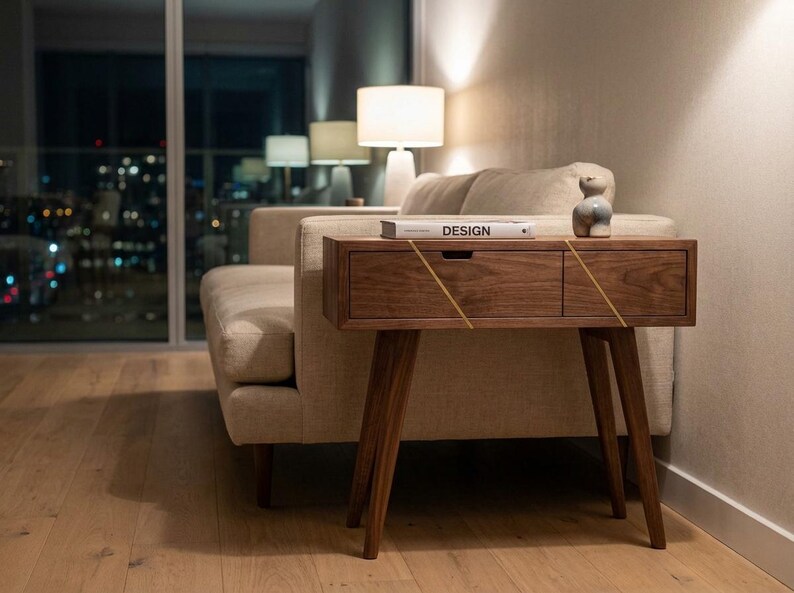 May include: A mid-century modern style wooden side table with two drawers and angled legs. The table is a dark brown color with gold accents. A book with the word "DESIGN" is on top, along with a small ceramic figurine.