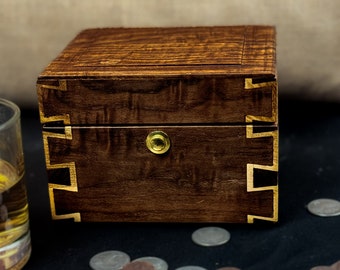 Curly Walnut Jewelry Box • Maple Inlaid Dovetails • Piston Fit Tray • Brass Hinges & Push Button Latch