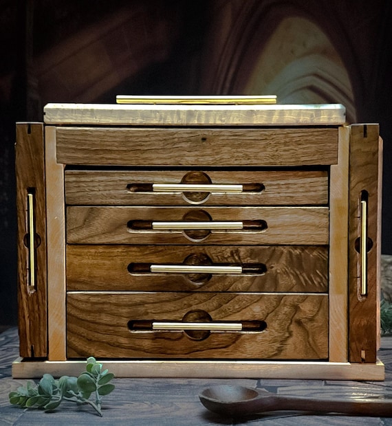 Custom Walnut Jewelry Box with Brass Handles, Leather Lined Drawers, Dovetail Joinery & Secret Compartments