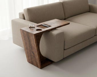 Solid Walnut Couch Arm Table with Cup Holders & Remote Tray | Modern Sofa Caddy