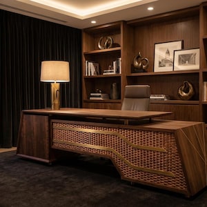 May include: A luxurious home office featuring a large wooden desk with a woven front and brass accents. A gold lamp sits on the desk, and a leather chair is positioned in front of a built-in wooden bookshelf. The room has dark curtains and a dark rug.