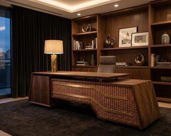 Handcrafted Walnut Writing Desk with Brass & Copper Inlay, Dovetailed Drawers