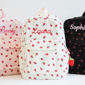 Custom strawberry name backpack, embroidered name backpack for children, customized backpack for her, custom children&#39;s corduroy backpack