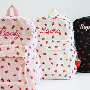 Custom strawberry name backpack, embroidered name backpack for children, customized backpack for her, custom children&#39;s corduroy backpack