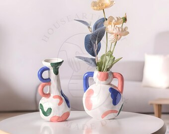 Bemalte Keramikvase, Weiß / Blau / Pink / Grün Kreative Malerei Blumenvase Dekoration, Einzigartige Verzierung, Tabletop Dekor, Housewarminggeschenk