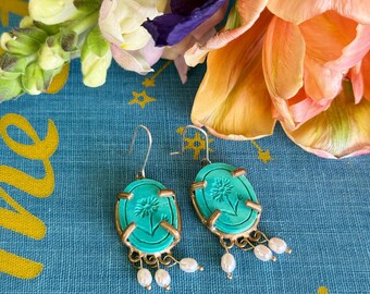 Pendientes Cosmos Intaglio de turquesa y perlas