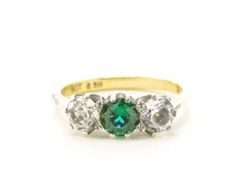 Art Deco "Emerald" & "Diamond" Paste Ring, Classic Three Stone Style Ring with Sparkly Faux Gems, Silver and 9K Gold